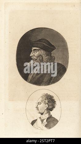 Profil des Schweizer Humanisten Theodor Zwinger, bekannt als die große Sforzia, 1658–1724, und König Karl XII. Von Schweden 1682–1718. Zwinger mit Energie und produktiver Kraft im Gesicht und Auge. König mit majestätischem Kinn und offener, männlicher Stirn. Kupferstich von John Barlow aus Pfarrer Johann Kaspar Lavater und John Grenvilles The Whole Works of Lavater on Physiognomy, W. Butters, W. Simmonds, London, 1797. Stockfoto