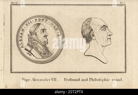 Münze mit Papst Alexander VII., Fabio Chigi, 1599-1667, mit einzigartigem energetischem Charakter. Profil eines tiefgründigen und phiosophischen Geistes, der eine Zartheit des Gefühls zeigt. Kupferstich von John Barlow aus Pfarrer Johann Kaspar Lavater und John Grenvilles The Whole Works of Lavater on Physiognomy, W. Butters, W. Simmonds, London, 1797. Stockfoto