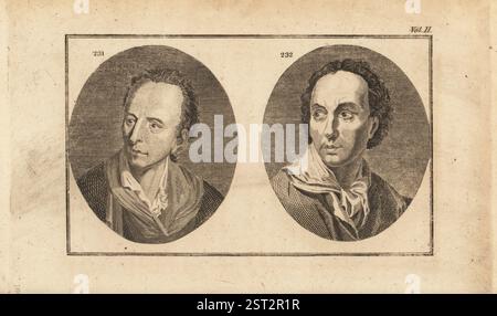 Der deutsche Schriftsteller und Historiker Johann Just Winckelmann, Porträt von Angelika Kauffmann, 1620–1699, und der deutsche Maler Anton Raphael Mengs, Selbstporträt, 1728–1779. Kupferstich von John Barlow aus Pfarrer Johann Kaspar Lavater und John Grenvilles The Whole Works of Lavater on Physiognomy, W. Butters, W. Simmonds, London, 1797. Stockfoto
