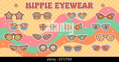 Hippie-Brillen und Sonnenbrillen mit psychedelischem Regenbogenmuster. Vektor funky Brille mit grooviger Blume, Pilz, Lächeln und Herz e Stock Vektor