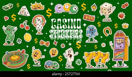 Aufkleber-Paket mit groovigen Casino- und Glücksspielfiguren. Vektor-Set von Patches mit Zeichentrickwürfeln, Spielautomat, Poker-Chips, Roulette-Rad, Karten Stock Vektor