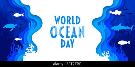 Papier geschnittene World Ocean Day Banner mit Unterwasserlandschaft, Meerestieren und Fisch Vektor Silhouetten. 3D Papier schneiden Wasserwellen, Haie, Meeresschildkröten und s Stock Vektor