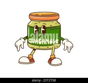 Cartoon groovige Guacamole Soße Charakter mit lustigem Gesicht, Vektor Comic Emoji. Groovige Guacamole-Soße-Cartoon-Figur mit fröhlichem Lächeln für Mexica Stock Vektor