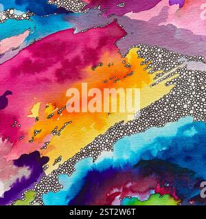 Helles psychedelisches Aquarell Original-Kunstwerk (Serie mit 4 Stück) Stockfoto