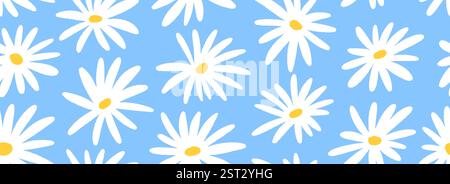 Handgezeichnetes nahtloses Kamillenmuster. Florale, sich wiederholende Tapeten für Textil, Stoff, Druck, Geschenkpapier. Süße Gänseblümchen auf blauem Hintergrund. Vektor-wiederholte Textur Stock Vektor