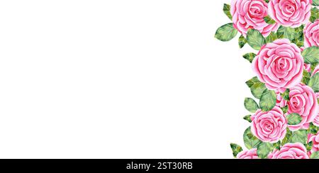 Aquarellrosen. Nahtloser Rand aus Rosenblüten, Stängeln, Blättern und Knospen. Die Zeichnung erfolgt in Aquarelltechnik von Hand auf einem isolierten Stockfoto