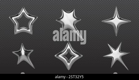 Sternen-Kollektion aus Metallic Chrom – silberne 3D-Formen mit reflektierenden Oberflächen, geometrische Elemente im y2k-Stil, hohle und solide dekorative Objekte mit glänzender Oberfläche auf dunklem transparentem Hintergrund. Stock Vektor