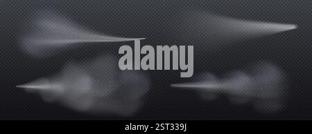 Wassersprüheffekte isoliert auf transparentem Hintergrund. Vektor-realistische Illustration von flüssigem Spritzwasser, kosmetischem Aerosolstrahl in der Luft, Deodorant-Partikel, Duftstrom, Dampftropfen Wolke Stock Vektor