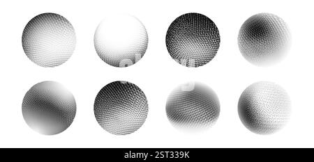 Sammlung von monochromen Halbtonmustern mit Kornpunktkugel – kreisförmige Formen mit verlaufender Netzstruktur, gepunktete Oberflächeneffekte mit unterschiedlicher Punktdichte. Abstrakte geometrische Elemente. Stock Vektor
