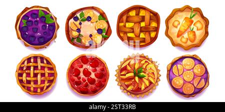 Torten- und Tortenkollektion mit Fruchtfüllungen von oben. Frische Desserts mit Heidelbeeren und Orangen, Karotten und Äpfeln, Beerenmarmelade und Gitter. Süßes Gebäck-Set in Cartoon für die Gestaltung von Bäckereimenüs. Stock Vektor
