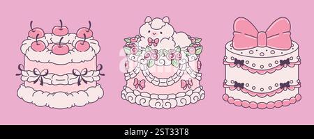 Vintage-Kuchen-Set mit rosa Schleifen, Kirschen, Rosen, Creme-Wirbel auf weichem rosafarbenen Hintergrund. Romantische Gebäckillustrationen mit Spitzenmustern, floralen Elementen und winzigen Bändern für Hochzeitsmotive. Stock Vektor