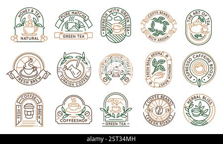 Set mit 15 Logo-Symbolen für Tee und Kaffee Stock Vektor
