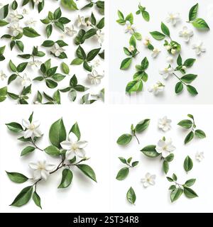 Vier exquisite, detaillierte Illustrationen von cremefarbenen Magnolien und Kamelienblüten mit sattgrünen Blättern. Stock Vektor