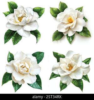 Vier exquisite, detaillierte Illustrationen von cremefarbenen Magnolien und Kamelienblüten mit sattgrünen Blättern. Stock Vektor