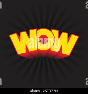 Wow-Logo mit 3D-Texteffekt im Comic-Stil auf schwarzem Hintergrund. Wow Aufkleber, Tag, Etikett, Abzeichen Vektor Illustration. Modernes Typografie-Design. Stock Vektor