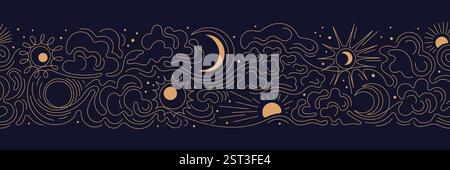 Sonne, Mond, Wolkengrenze. Sterne am esoterischen Nachthimmel in minimalem Stil. Vektor goldenes chinesisches Muster auf schwarzem Hintergrund. Grafisches mystisches Design. Co Stock Vektor