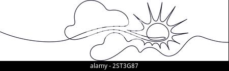 Sonne, Wolken. Durchgehende Linie. Travel Concept Zeichnung auf weißem Hintergrund. Frohe Feiertage, heiße Temperaturen, Urlaubssymbol. Minimale Vektordarstellung Stock Vektor