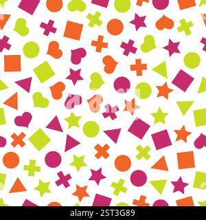 Nahtlose primitive geometrische Muster mit Quadraten, Dreiecken, Kreisen, Sternen und Herzen für Taschentücher und Postkarten. Trendige geometrische Elemente. Hipster Stock Vektor