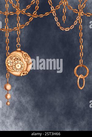 Goldene Ketten, hängende Streifen, Ringe und Weihnachtskugeln auf einer blauen Aquarellillustration. Neues Jahr, vertikales Muster. Banner, Rahmen, Rand Stockfoto