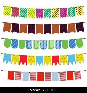 Farbenfrohe Fahnen und bunte Girlanden zur Dekoration. Dekoelemente mit verschiedenen Mustern. Vektorabbildung Stock Vektor