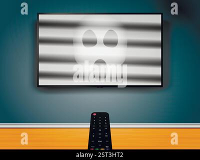 Horror-Gruselfilm-Konzept. Fernsehen mit Horrorfilm. Die Fernbedienung ist auf den Fernseher an der Wand gerichtet, und das Geistergesicht wird auf dem Bildschirm angezeigt. Vektorillustrat Stock Vektor
