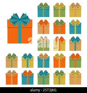 Sammlung von 20 mehrfarbigen Geschenkboxen. Vektorabbildung Stock Vektor