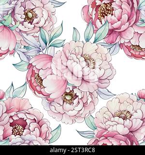 Blühende Pfingstrosen tanzen zusammen in einer Symphonie aus Pastellfarben und zeigen die zarte Schönheit der Natur in eleganten Aquarellstrichen nahtlos Stock Vektor