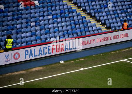 GB LONDON, 15. Februar 2025 - Schild Palace for All, eine allgemeine Ansicht des Stadions während des Premier League-Spiels zwischen Crystal Palace und Everton Stockfoto