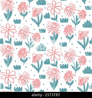 Coneflower Buntstift gezeichnetes nahtloses Muster. Farbenfroher, durchgehender Hintergrund mit Blumenmuster. Daisy stilisierte Botanik-Repeat-Cover. Federmotiv mit Oberflächenmuster Stock Vektor