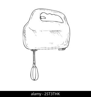 Vektor-Handmischer. Grafische Tinte Kunststoff-Küchenwerkzeug-Illustration isoliert auf Hintergrund. Handgezeichnete Linienskizze. Für Designer, Prints, Logos, Icons Stock Vektor