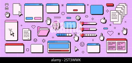 Retro-Fenster-Schnittstelle in Pixelgrafik. 8-Bit-Browser und Popup-Elemente mit Zeiger, Pfeil und Funkeln. Pixelbildschirme im Retro-Stil der 90er Jahre. Benutzeroberfläche Stock Vektor