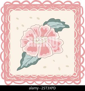 Quadratisches Badge-Element mit Blumenmuster. Blume isoliert auf weißem Hintergrund. Vektor Hand gezeichnete Strichgrafik Illustration. Stock Vektor