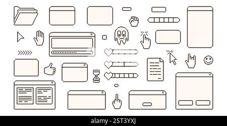 Pixelart Retro-Fenster-Schnittstelle. 8-Bit-Textfelder mit Zeiger, Pfeil und Glitzern. Rechteckige und runde Rahmen. Im Retro-Stil der 90er Jahre. Digital Stock Vektor