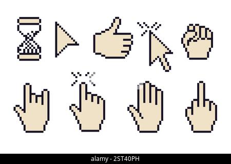 Pixel art retro cursors, hands. 8 bit pointers, arrows and hourglass. Vintage nostalgic interface sign in retro 90s style. Mouse cursors, press finger Stock Vektor