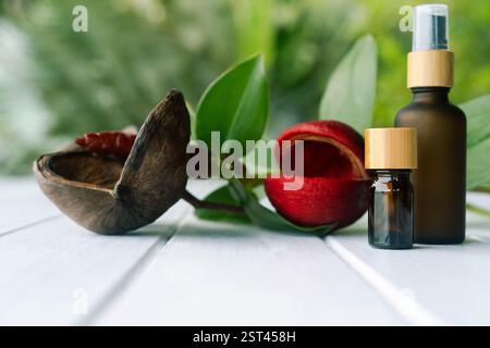 Grüner Hintergrund zeigt stilvolle Kosmetikflaschen neben natürlichen Elementen und Blumen. Stockfoto