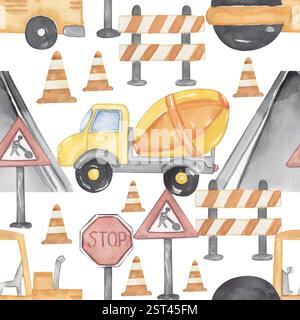 Aquarellfarben Straßenschilder und Straßenfahrzeuge nahtlose Muster, Straßenarbeiter wiederholtes Papier, Scrapbooking Stockfoto