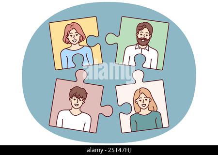 Puzzle Mitarbeiter für Teambildung und Personalauswahl durch Mitarbeiter, die eine Agentur oder HR-Abteilung rekrutieren. Rekrutieren einer Puzzle-Metapher zur Suche nach Personen mit Fähigkeiten, die eine freie Stelle im Unternehmen oder in einem Startup-Unternehmen haben Stock Vektor