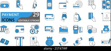 Zahlungssymbole festgelegt. Bargeld, Münzen in der Hand, Kreditkarte, Brieftasche, Bankscheck, bargeldlose Bezahlung, Beleg, kontaktlose Kaufvektorillustration. Stock Vektor