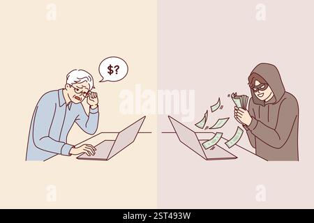 Hacker stiehlt Geld von älteren Männern mit Laptop mit Internet, durch psychologische Manipulation und betrügerische Techniken. Der Großvater vertraute anonymen Gesprächspartnern und schickte Ersparnisse an Hacker Stock Vektor