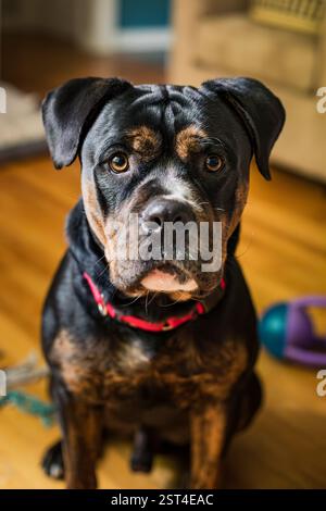 Porträt eines schwarz-braunen gemischten Tyrannen-Hundes Stockfoto