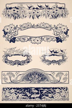 Zierleisten und Kartuchen grafische Seitenüberschriften des englischen Landschaftsmalers Charles James Adams von Decorative Vorb Stockfoto