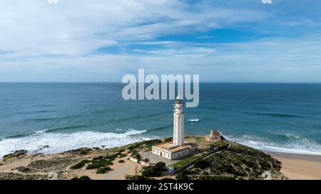 Luftaufnahme der Tombolo von Trafalgar in der Provinz Cadiz, Spanien. Stockfoto