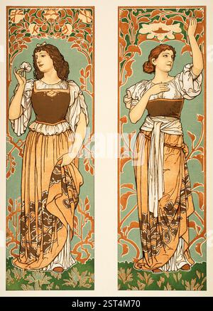 Fullungen mit weiblichen figuren, HalbtonAquarellbilder von Frauen von Wiener Kunstprofessor Georg Sturm fro Stockfoto