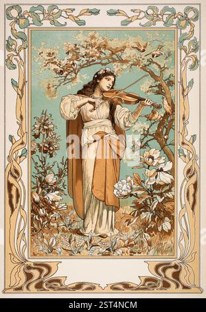 Allegorische Figur (allegorische Figur), Farb-Halbtonillustration einer Frau, die Geige spielt, Aquarell von Wiener Kunstprofessor Georg Sturm aus Stockfoto