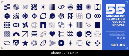 Set aus 55 abstrakten geometrischen Formen, Symbolen, Logomarks und anderen einfachen grafischen Designelementen für minimalistisches, brutalistisches oder bauhaus-Design. Schweizer Stil, Y2K, postmodern. Vektorgrafik EPS10. Stock Vektor