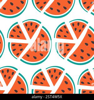 Dreieckige und halbe Wassermelonscheiben mit Seeds Seamless Patter. Hintergrundkonzept für gesunde Ernährung. Isolierte Vektor-Illustration Wallpaper Wrapping Thematische oder Menükarte, Posting, Web Promo, Faltblatt Stock Vektor