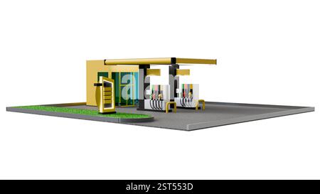 3D-Modell einer Tankstelle in schwarz-gelb auf weißem Hintergrund, Tankstelle Stockfoto