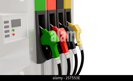 3D-Modell von Kraftstoffdüsen an einer Tankstelle, Benzindüse an einer Tankstelle Stockfoto