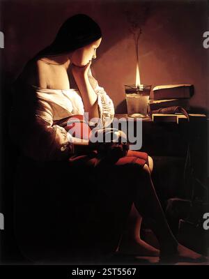 LA TOUR, Georges de (* 1593, Vic-sur-Seille, d. 1652, Luneville) Magdalen mit der rauchenden Flamme um 1640 Öl auf Leinwand, 117 x 91,8 cm County Museum of Art, Los Angeles --- Schlüsselwörter: ----------------- Autor: LA TOUR, Georges de Titel: Magdalen mit der rauchenden Flamme Zeitlinie: 1601-1650 Schule: Französisch Form: Malerei Typ: Religiös Stockfoto