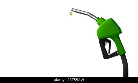 3D-Modell einer grünen Treibstoffpistole und einem Tropfen Benzin auf weißem Hintergrund, Treibstoffpistole Stockfoto